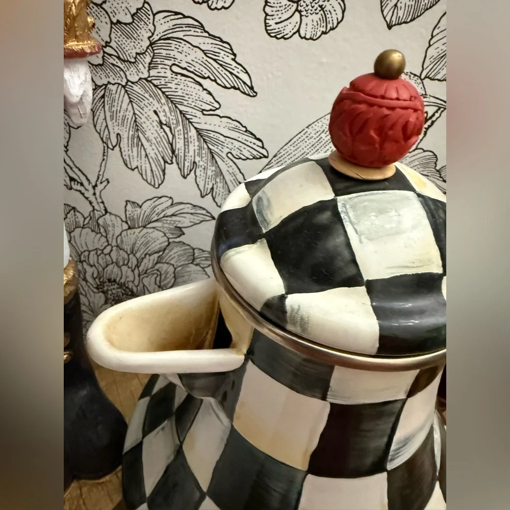 Mackenzie Childs RARE 64 oz Jug Courtly Check Black and White Teapot - Picture 5 of 10